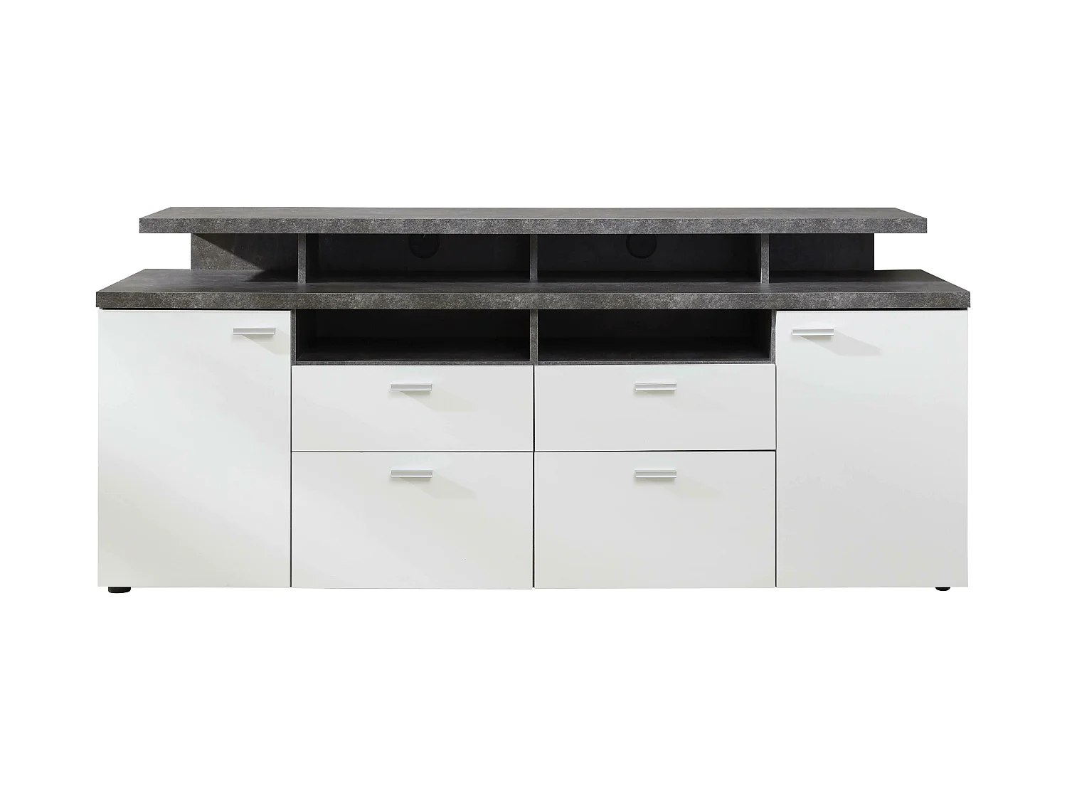 Meuble salon/séjour. Meuble TV (max 65") en mélaminé blanc et gris mat. L-H-P: 180-66-47 cm