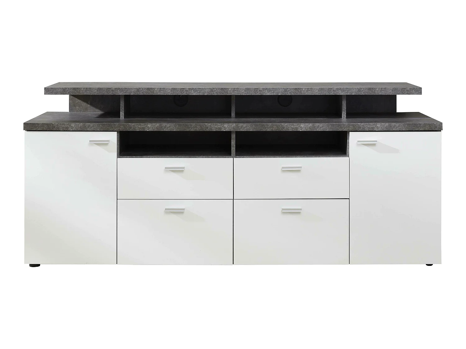 Meuble salon/séjour. Meuble TV (max 65") en mélaminé blanc et gris mat. L-H-P: 180-66-47 cm