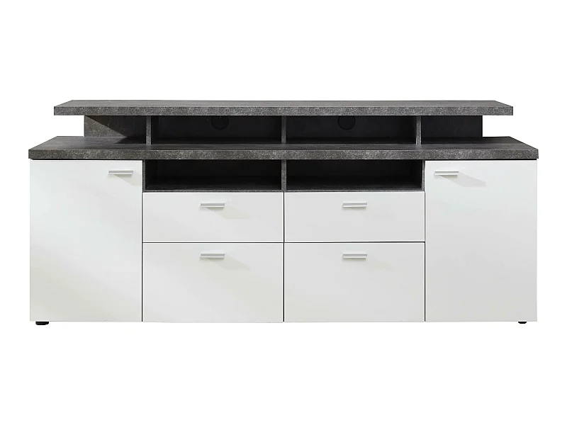 Meuble salon/séjour. Meuble TV (max 65") en mélaminé blanc et gris mat. L-H-P: 180-66-47 cm