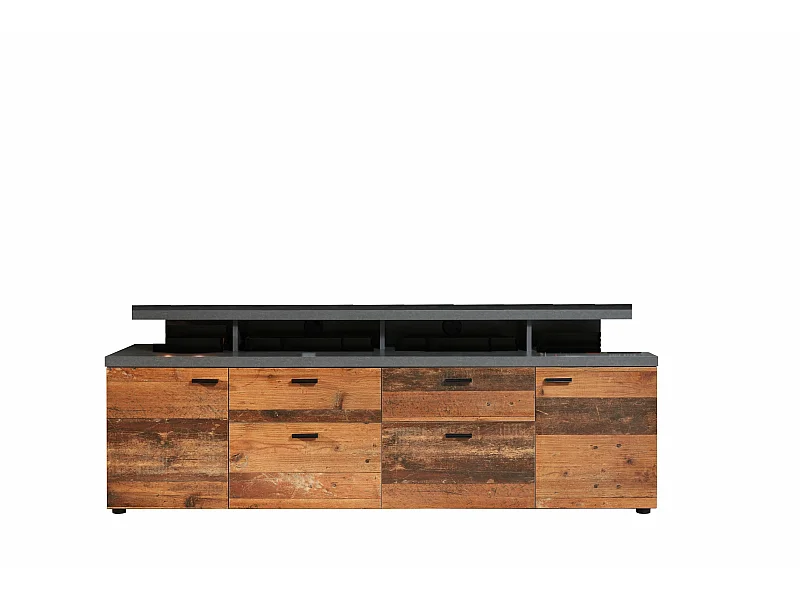 Meuble salon/séjour. Meuble TV (max 65") en mélaminé bois et gris mat. L-H-P: 180-66-47 cm