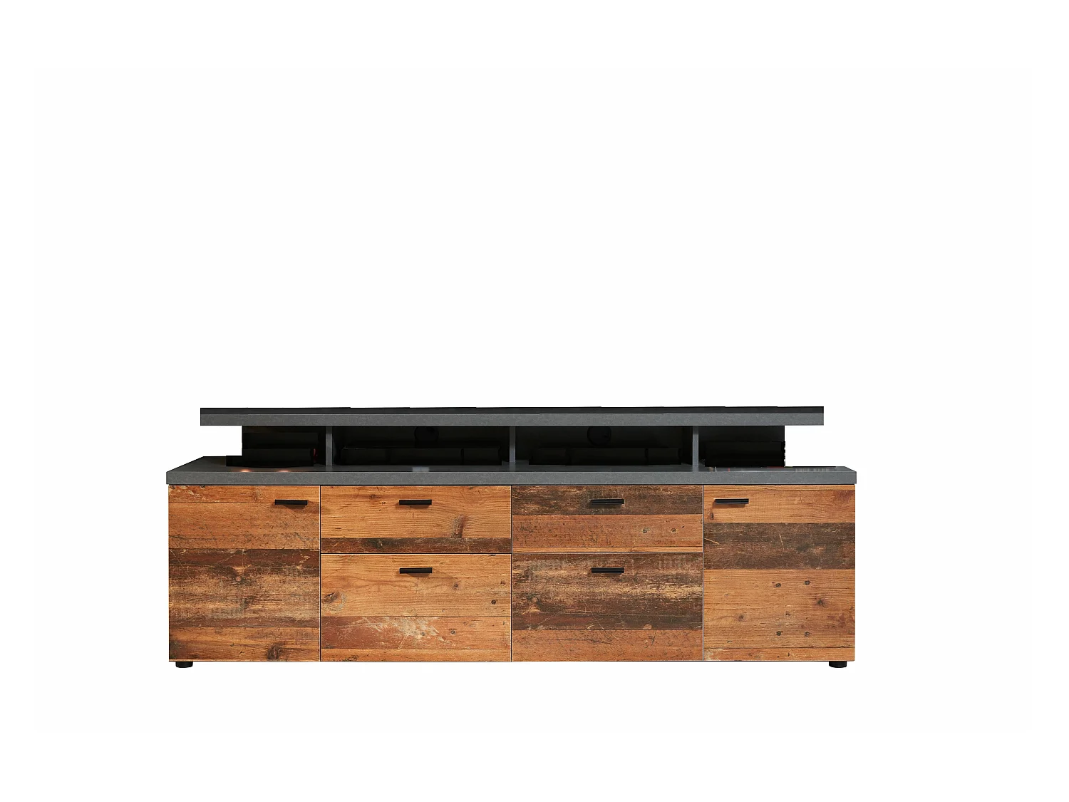 Meuble salon/séjour. Meuble TV (max 65") en mélaminé bois et gris mat. L-H-P: 180-66-47 cm