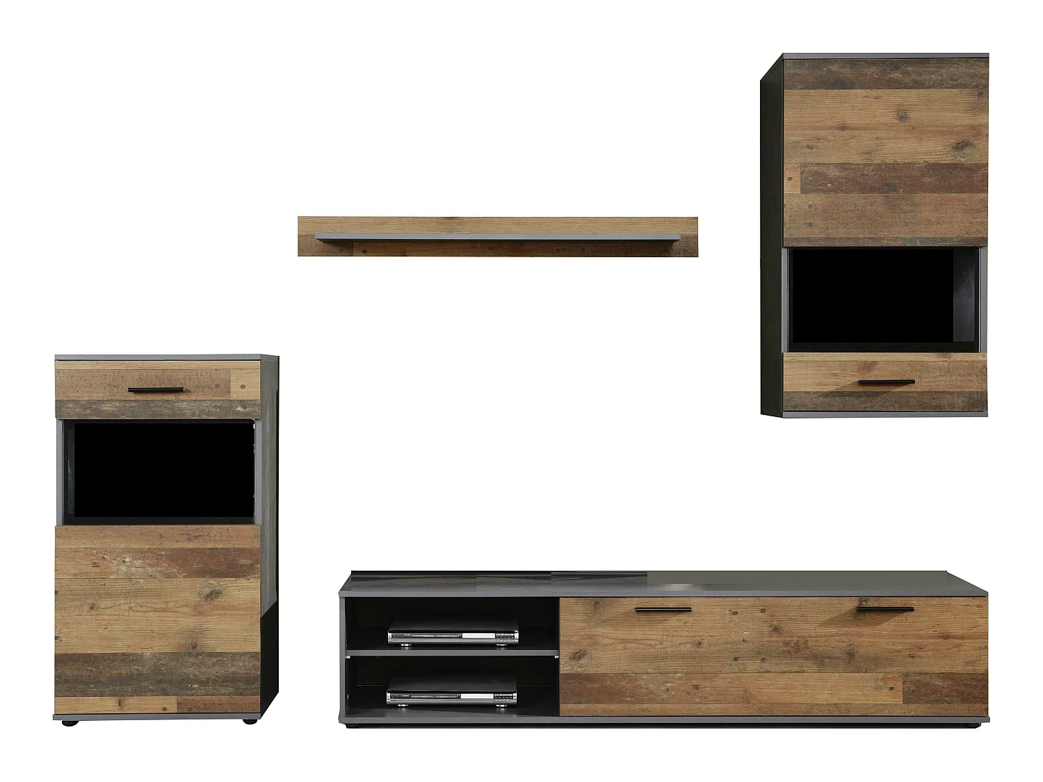 Meuble salon/séjour en mélaminé. Meuble TV (max 50 pouces) avec de l'espace de rangement. L-H-P : 246 - 182 - 37 cm