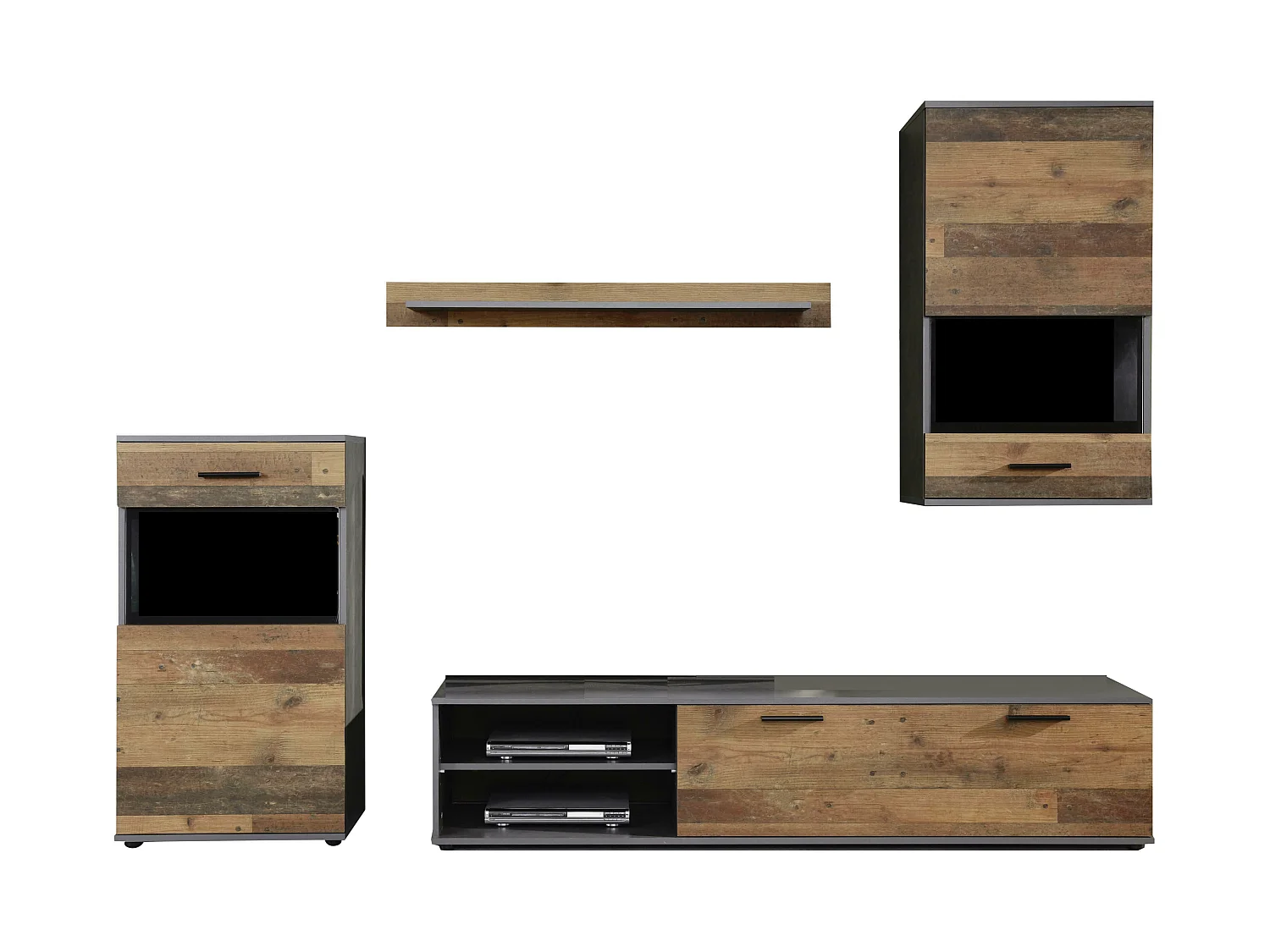 Meuble salon/séjour en mélaminé. Meuble TV (max 50 pouces) avec de l'espace de rangement. L-H-P : 246 - 182 - 37 cm