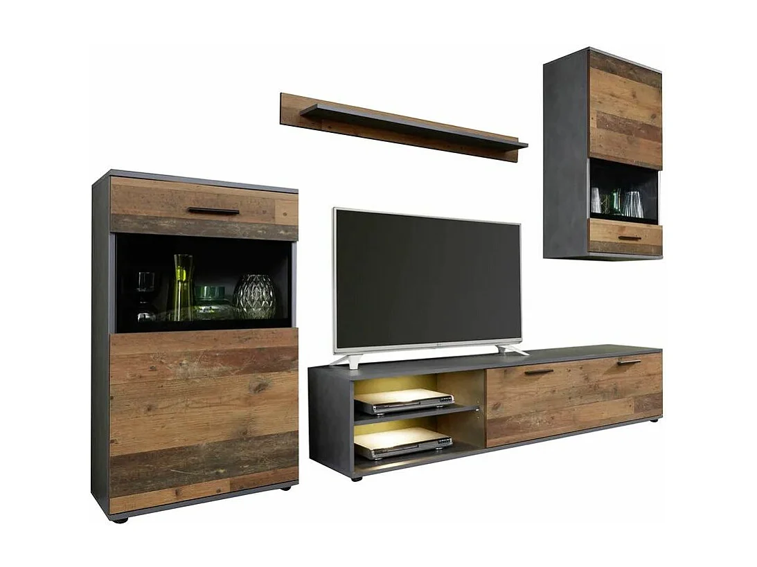 Ensemble meuble TV 4 pièces mélaminé chêne foncé et gris Gian