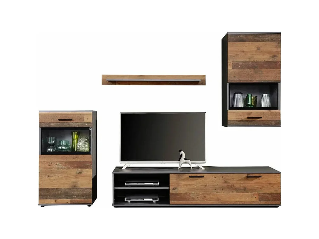 Ensemble meuble TV 4 pièces mélaminé chêne foncé et gris Gian