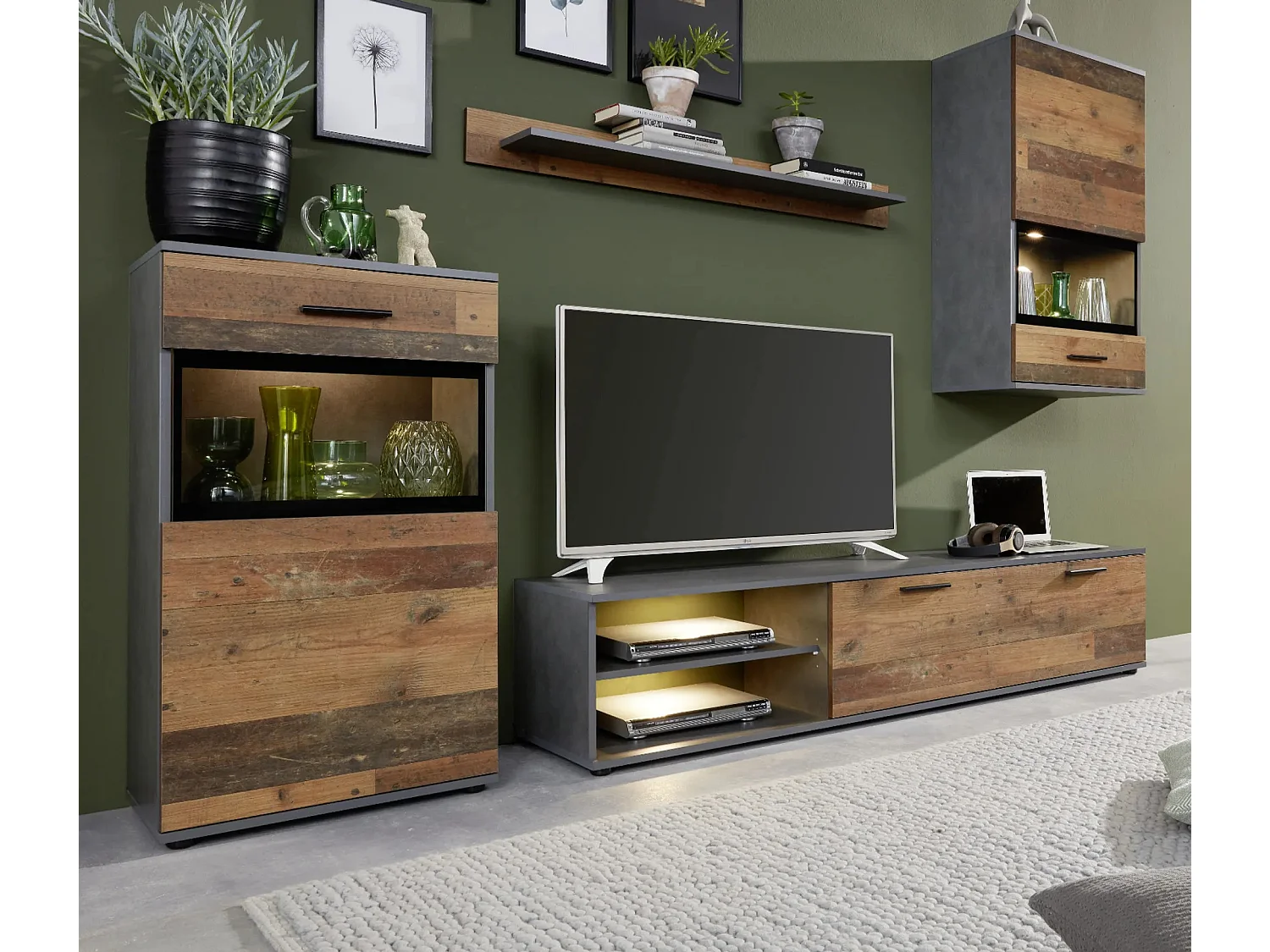 Ensemble meuble TV 4 pièces mélaminé chêne foncé et gris Gian