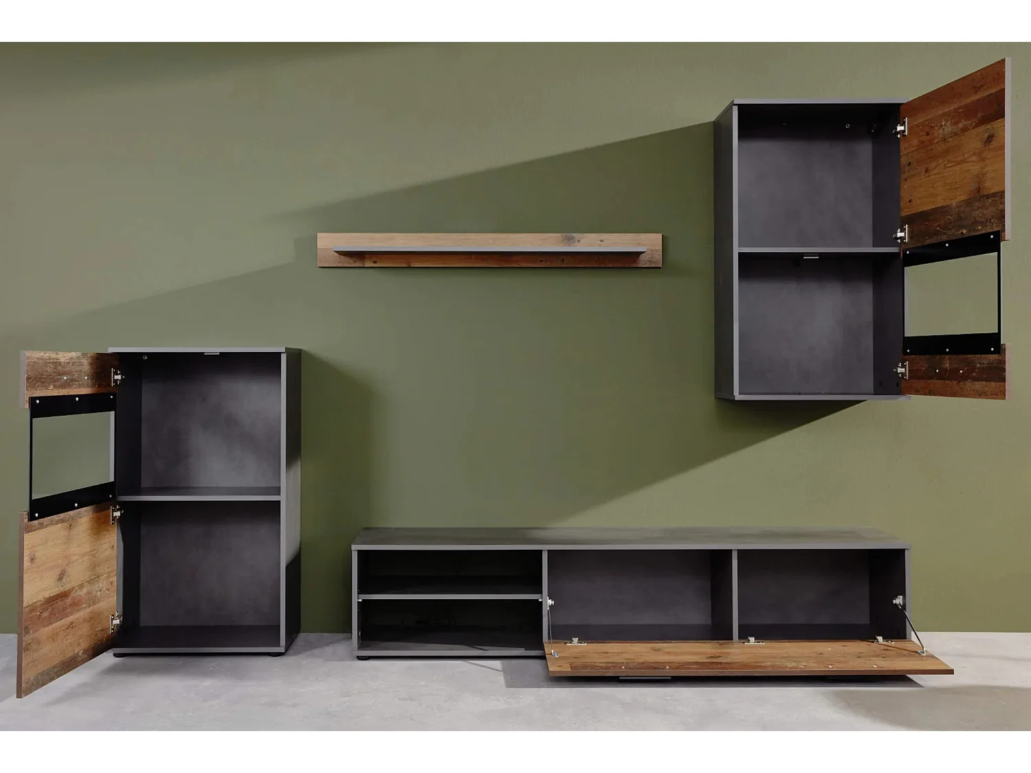 Ensemble meuble TV 4 pièces mélaminé chêne foncé et gris Gian