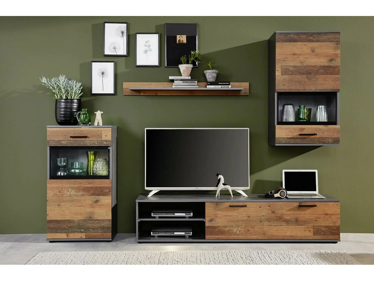 Ensemble meuble TV 4 pièces mélaminé chêne foncé et gris Gian