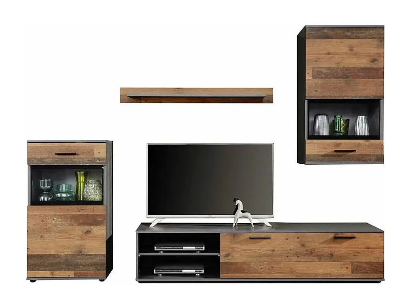 Ensemble meuble TV 4 pièces mélaminé chêne foncé et gris Gian