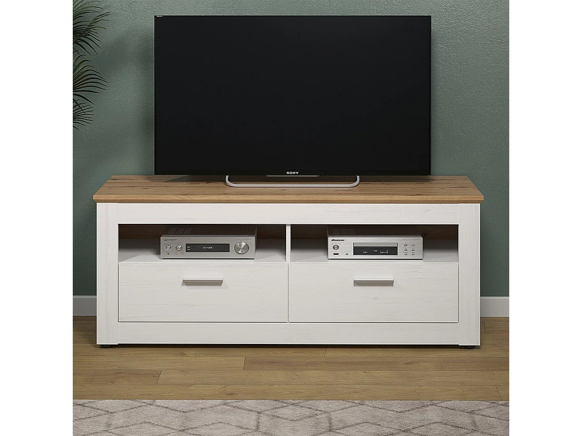 Meuble TV 2 tiroirs et 2 niches décor bois clair et blanc L148 cm - Shade
