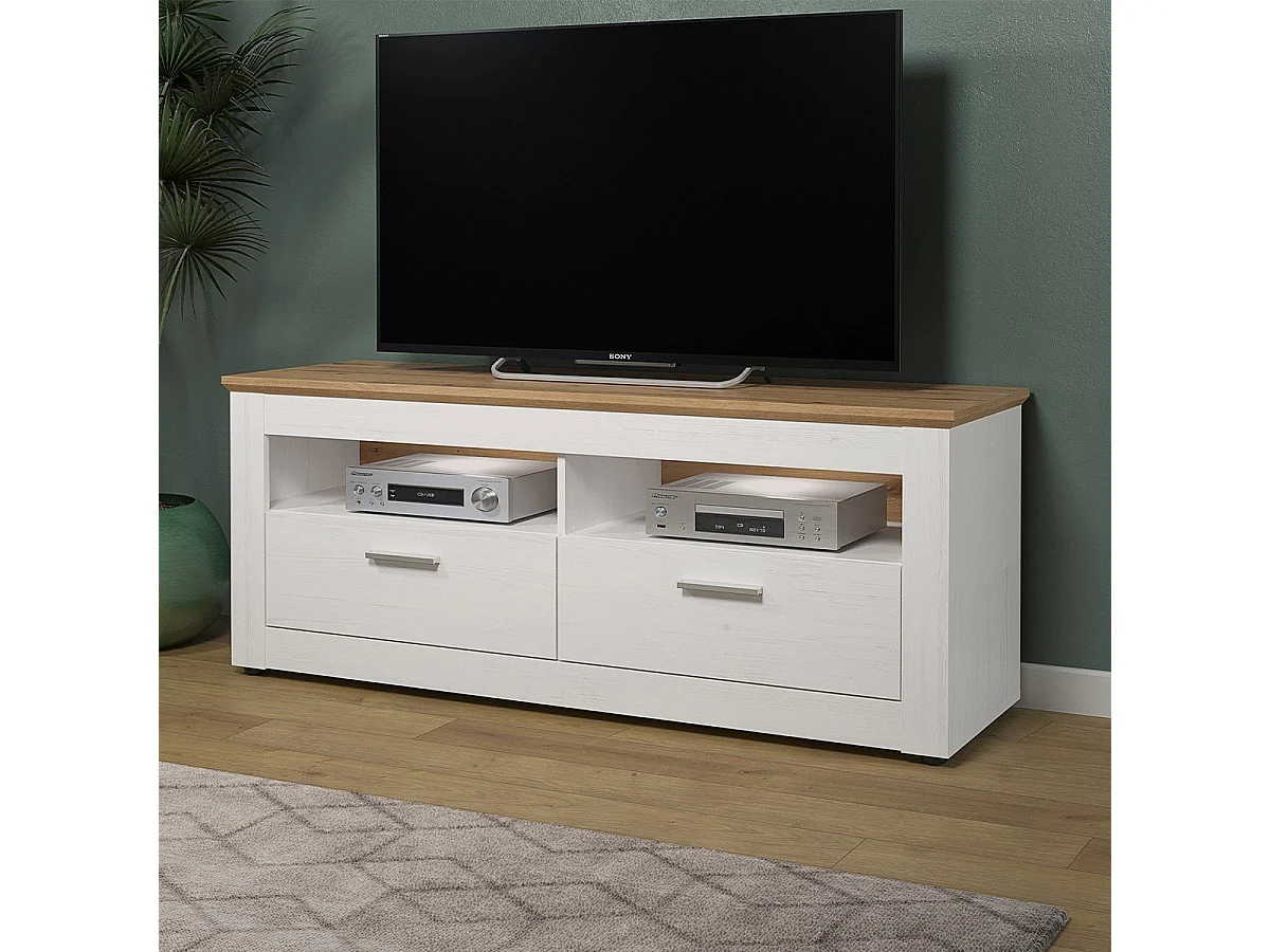 Szafka pod TV z 2 szufladami i 2 wnękami, jasne drewno i biały dekor, L148 cm - Shade
