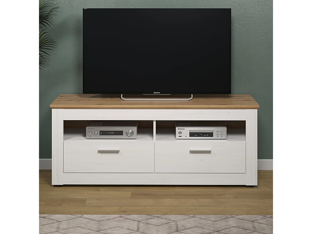 Szafka pod TV z 2 szufladami i 2 wnękami, jasne drewno i biały dekor, L148 cm - Shade