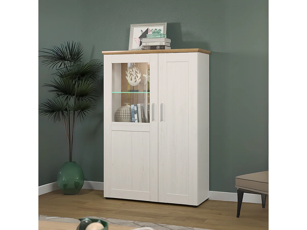 Vitrinekast met 2 deuren in wit Andersen grenenhout en Aline glas L 95 cm