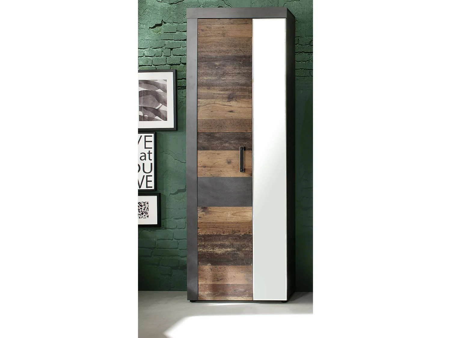 Meuble chambre. Armoire-penderie avec miroir en mélaminé coloris bois effet vielli finition gris ciment . L - H - P : 65 - 192 - 34 cm