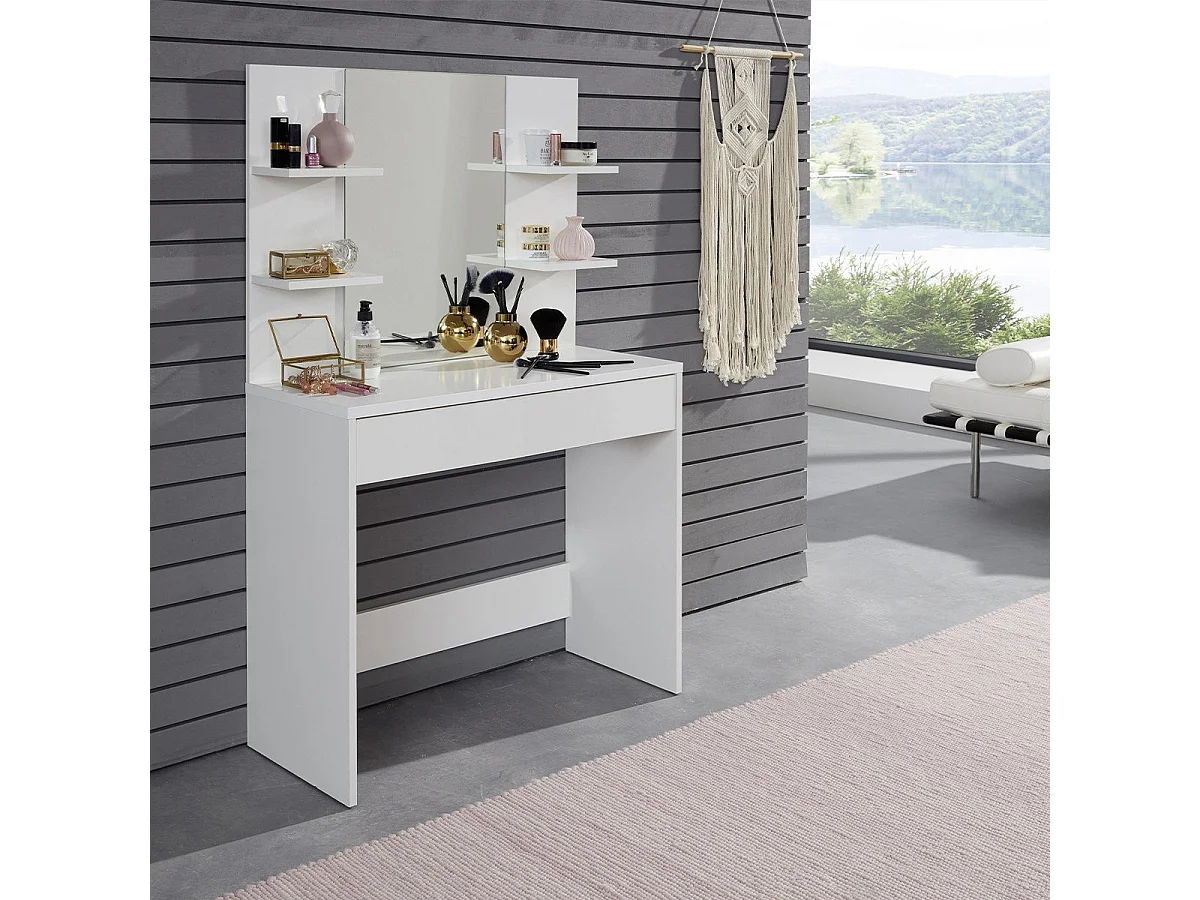 Coiffeuse avec 4 tablettes, 1 grand tiroir et 1 miroir L85 cm - Basix
