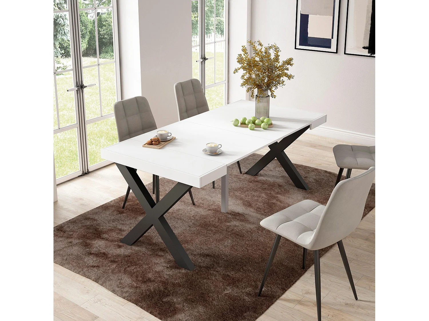 Table console extensible, 180x90x73cm, Pour 8 personnes, Pieds bois massif, Blanc