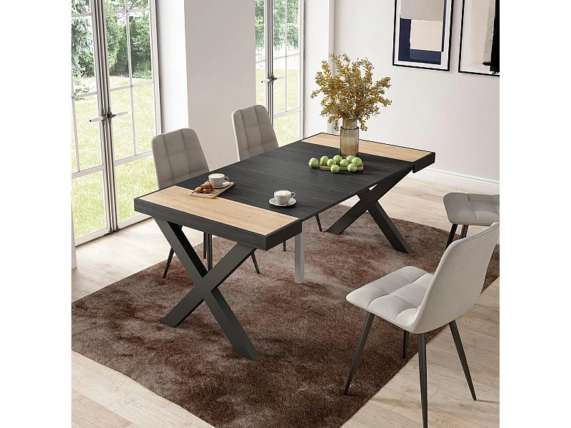 Mesa Consola Extensível, 180x90x73cm, Para 8 pessoas, Pés de madeira, Carvahlo e preto