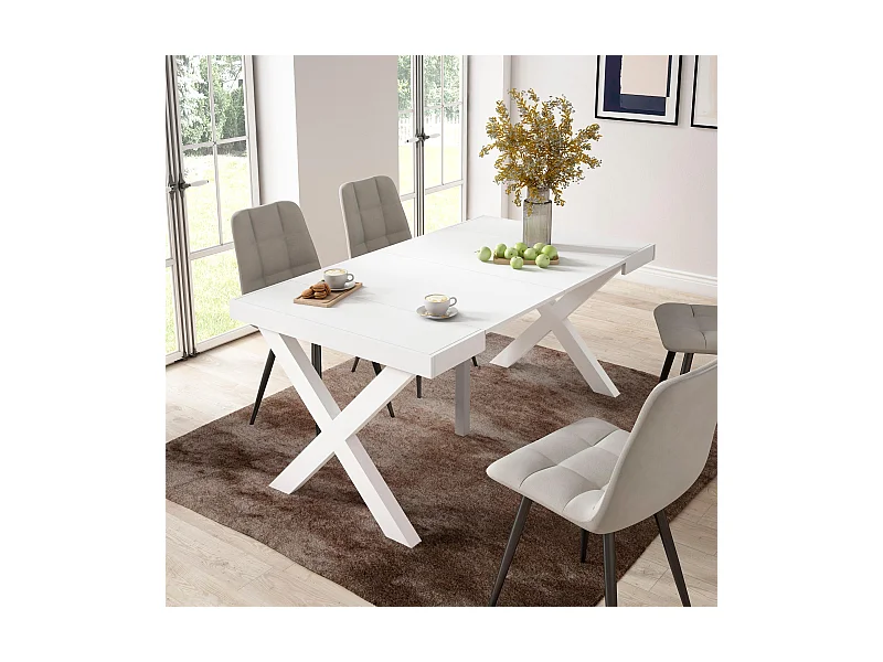Ausziehbarertisch, 160x90x73cm, Für 8 Gäste, Massivholz Beine, Weiß
