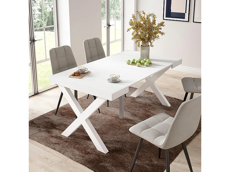 Table console extensible, 160x90x73cm, Pour 8 personnes, Pieds bois massif, Blanc