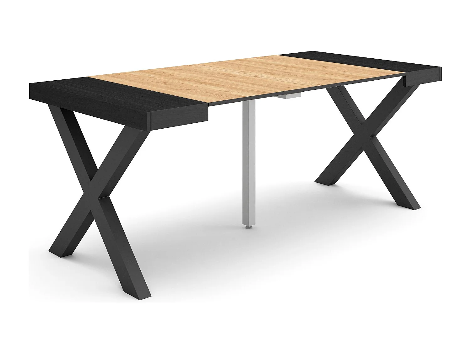 Mesa Consola extensible, 180x90x73cm, Para 8 comensales, Patas madera maciza, Negro y roble