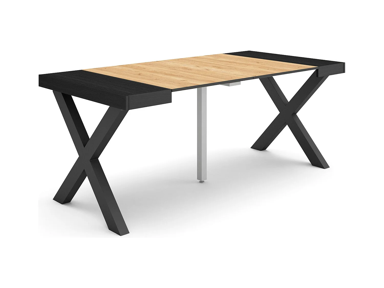 Table console extensible, 180x90x73cm, Pour 8 personnes, Pieds bois massif, Noir et chêne