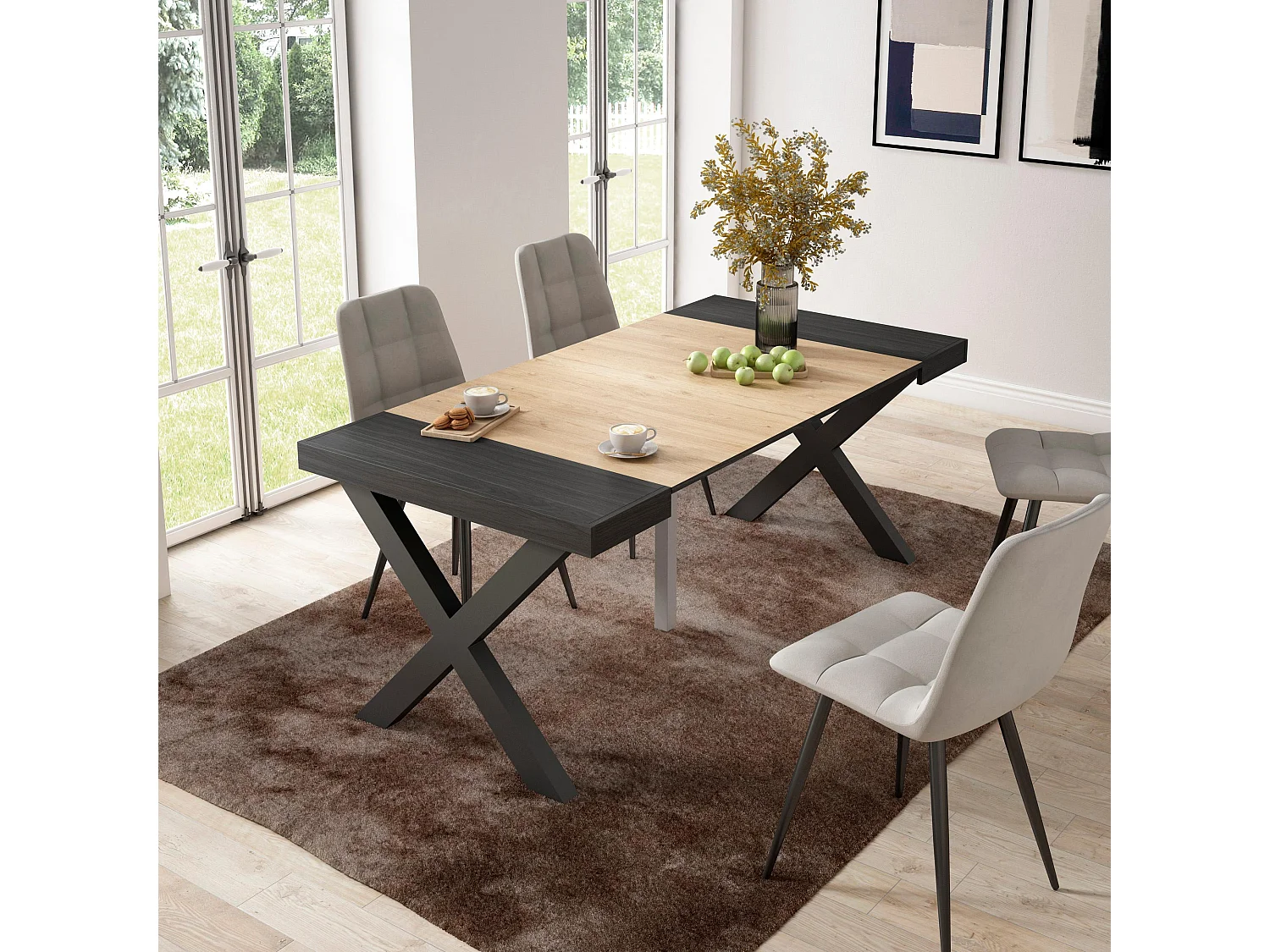 Mesa Consola extensible, 180x90x73cm, Para 8 comensales, Patas madera maciza, Negro y roble
