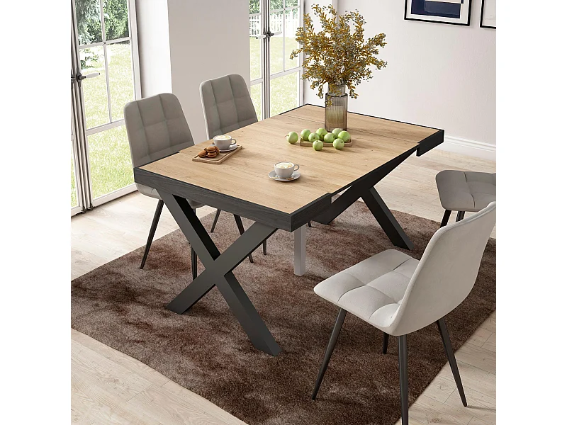 Uitschuifbare Consoletafel, 140x90x73cm, Voor 6 personen, Massief houten poten, Eiken