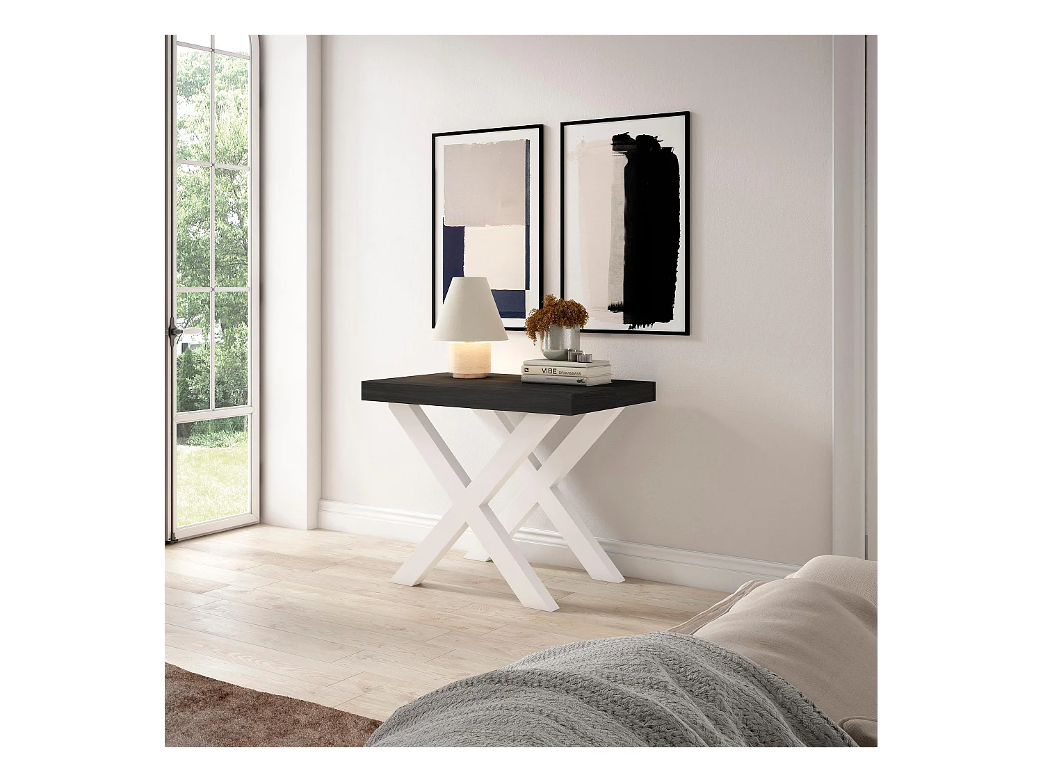 Mesa Consola Extensível, 160x90x73cm, Para 8 pessoas, Pés de madeira, Preto