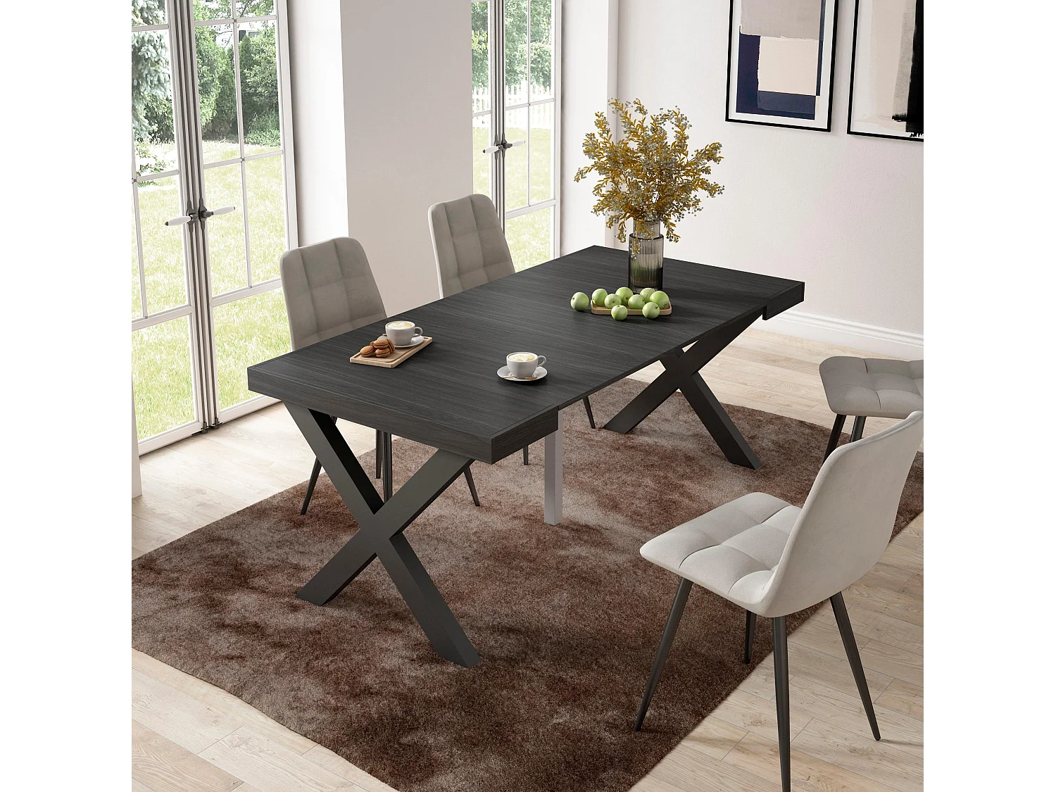 Table console extensible, 180x90x73cm, Pour 8 personnes, Pieds bois massif, Noir