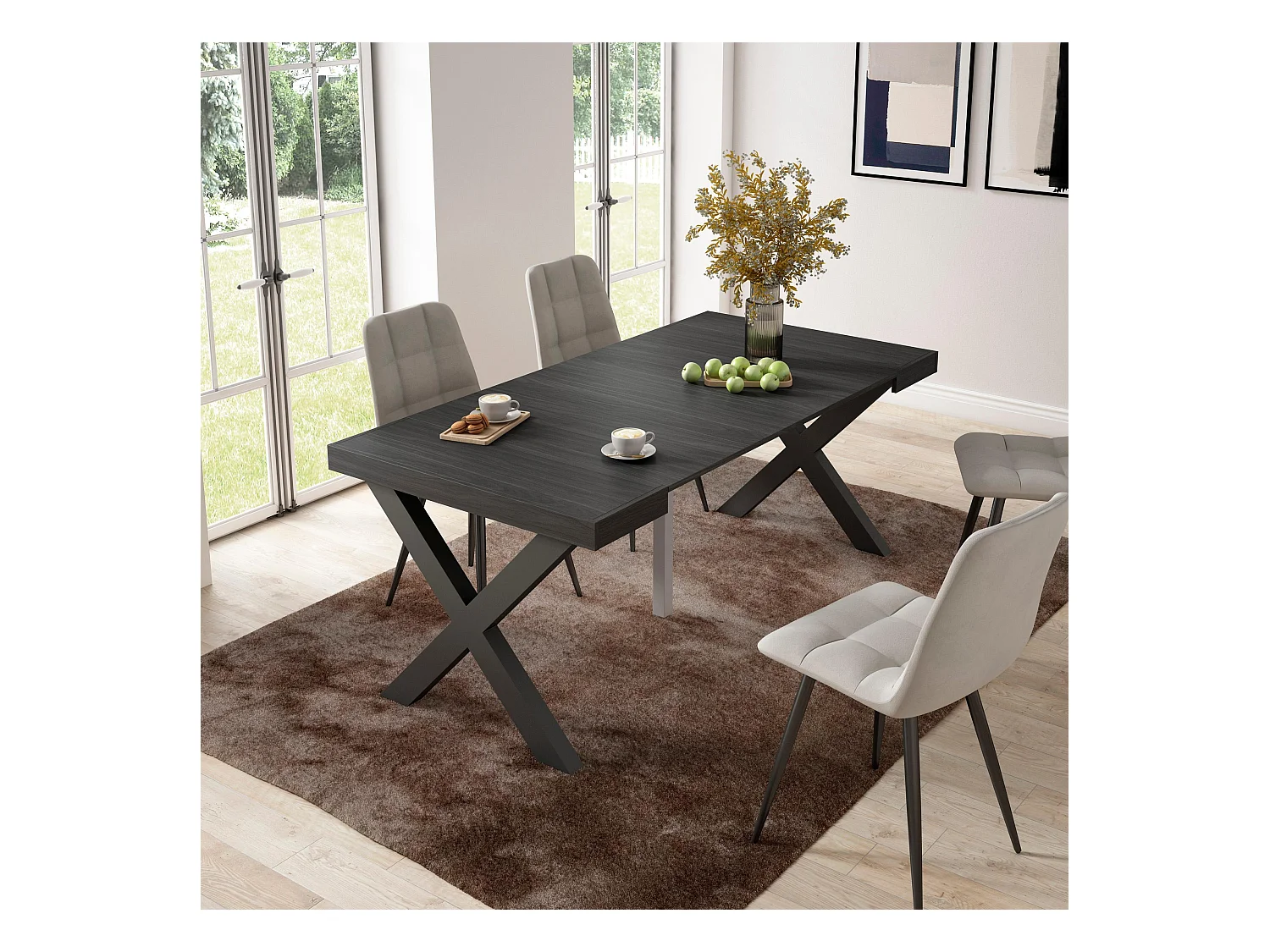 Mesa Consola extensible, 180x90x73cm, Para 8 comensales, Patas madera maciza, Negro