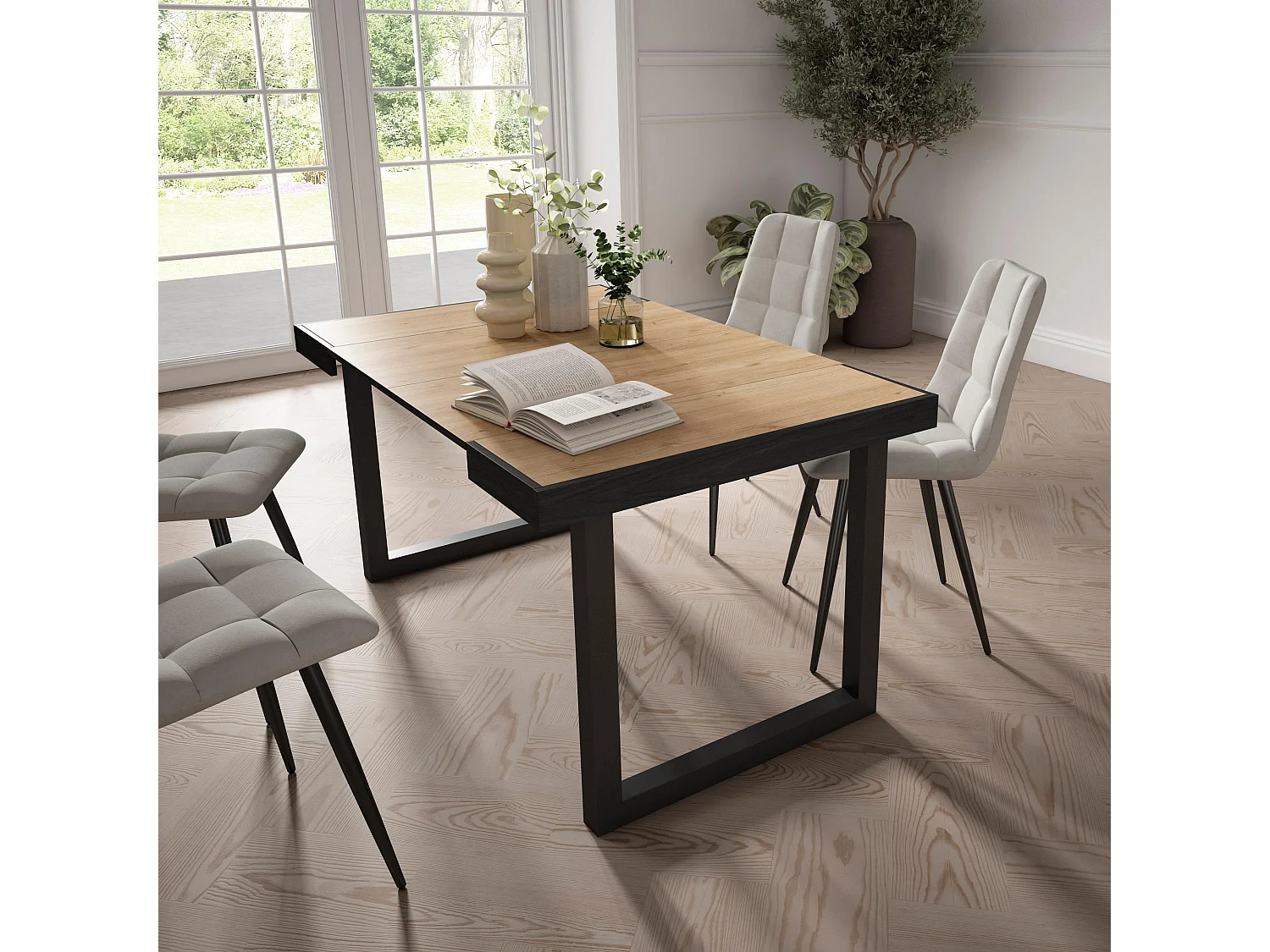 Ausziehbarertisch, 140x90x73cm, Für 6 Gäste, Massivholz Beine, Eiche