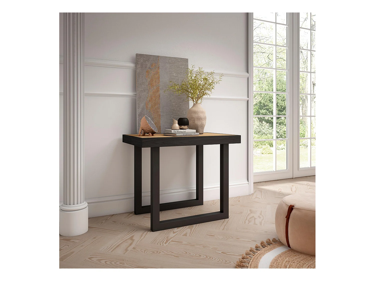 Table console extensible, 140x90x73cm, Pour 6 personnes, Pieds bois massif, Chêne