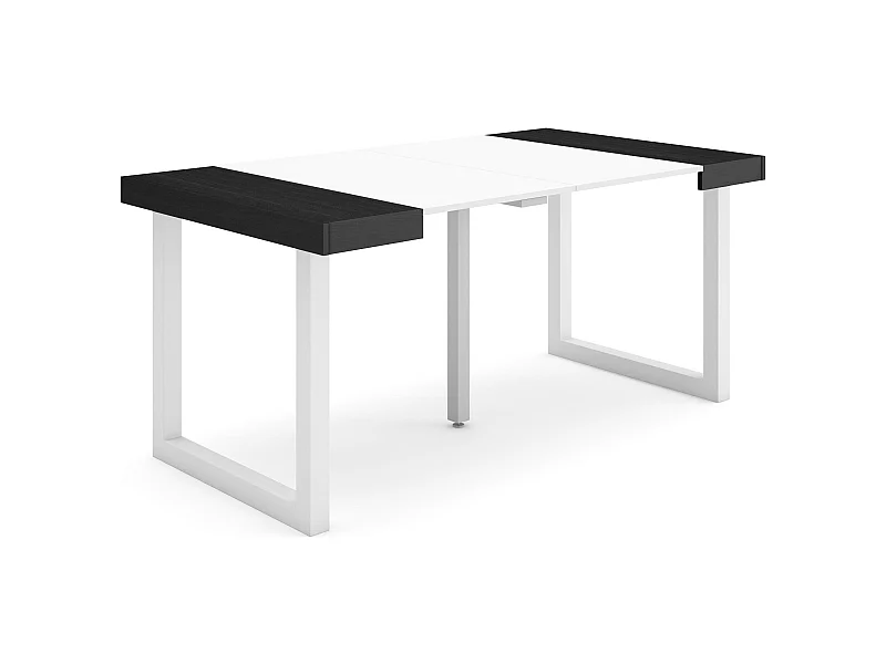 Ausziehbarertisch, 160x90x73cm, Für 8 Gäste, Massivholz Beine, Weiß und Schwarz