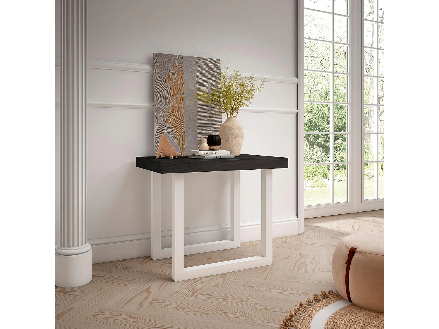 Table console extensible, 160x90x73cm, Pour 6 personnes, Pieds bois massif, Blanc et noir