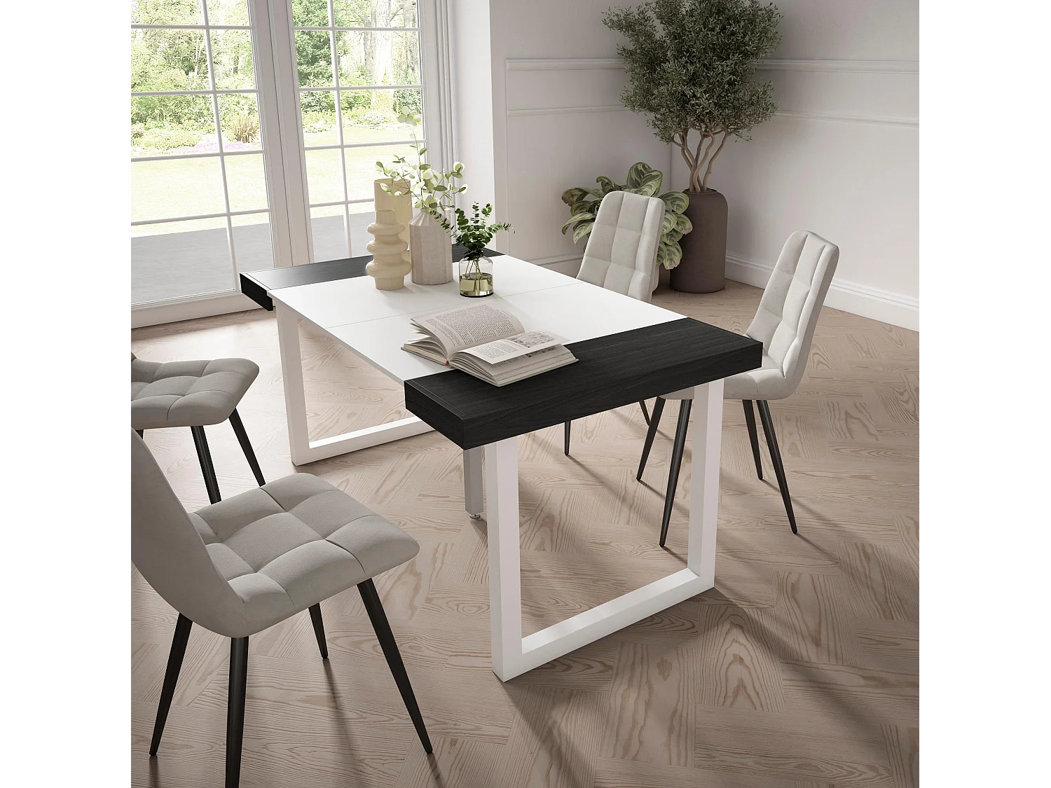 Table console extensible, 160x90x73cm, Pour 6 personnes, Pieds bois massif, Blanc et noir