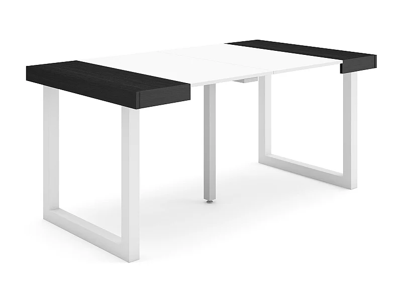 Table console extensible, 160x90x73cm, Pour 6 personnes, Pieds bois massif, Blanc et noir