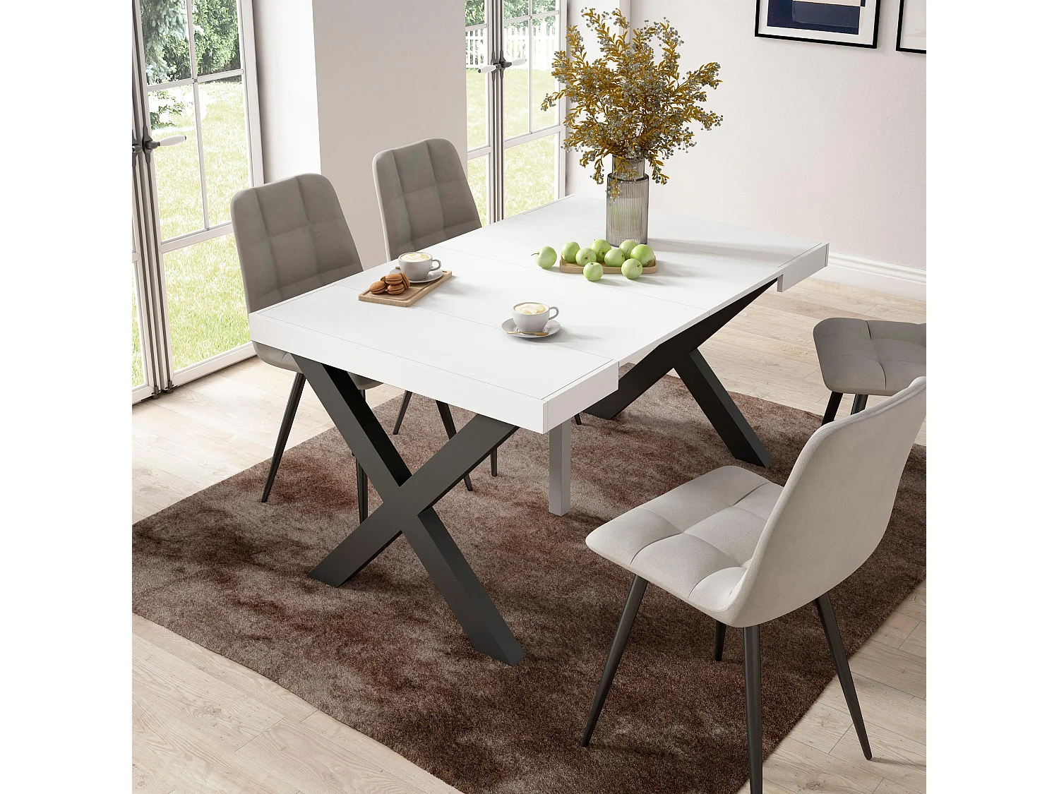 Uitschuifbare Consoletafel, 140x90x73cm, Voor 6 personen, Massief houten poten, Wit