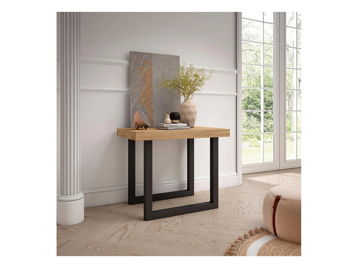 Table console extensible, 140x90x73cm, Pour 6 personnes, Pieds bois massif, Chêne et noir