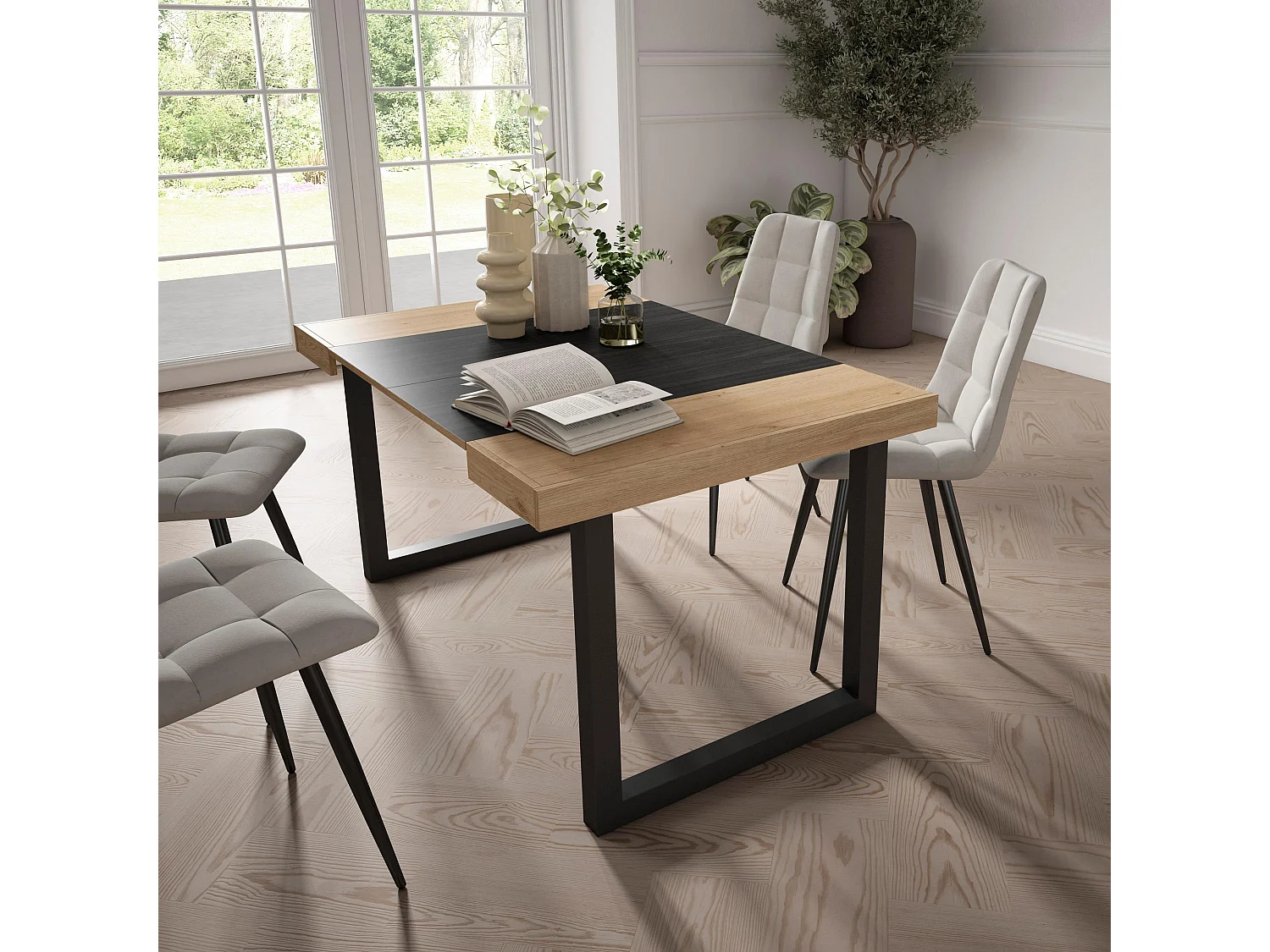 Mesa Consola Extensível, 140x90x73cm, Para 6 pessoas, Pés de madeira, Carvahlo e preto