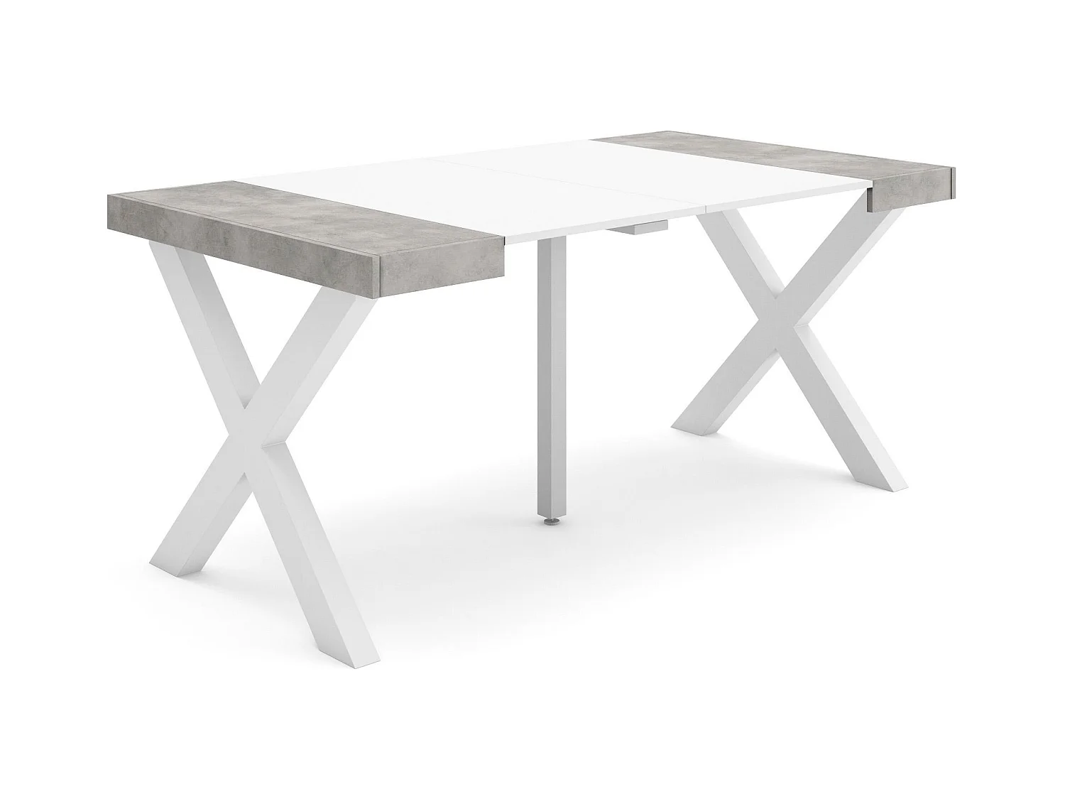 Table console extensible, 160x90x73cm, Pour 8 personnes, Pieds bois massif, Blanc et ciment