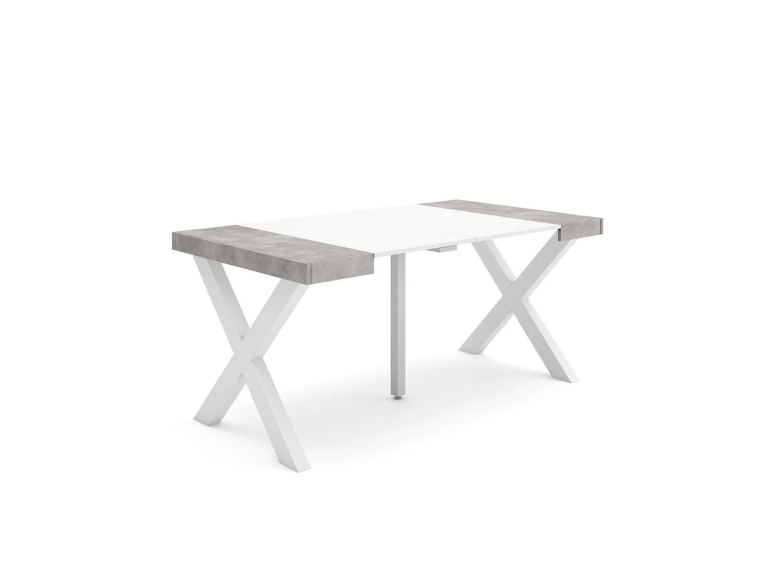 Uitschuifbare Consoletafel, 160x90x73cm, Voor 8 personen, Massief houten poten, Wit en Cement