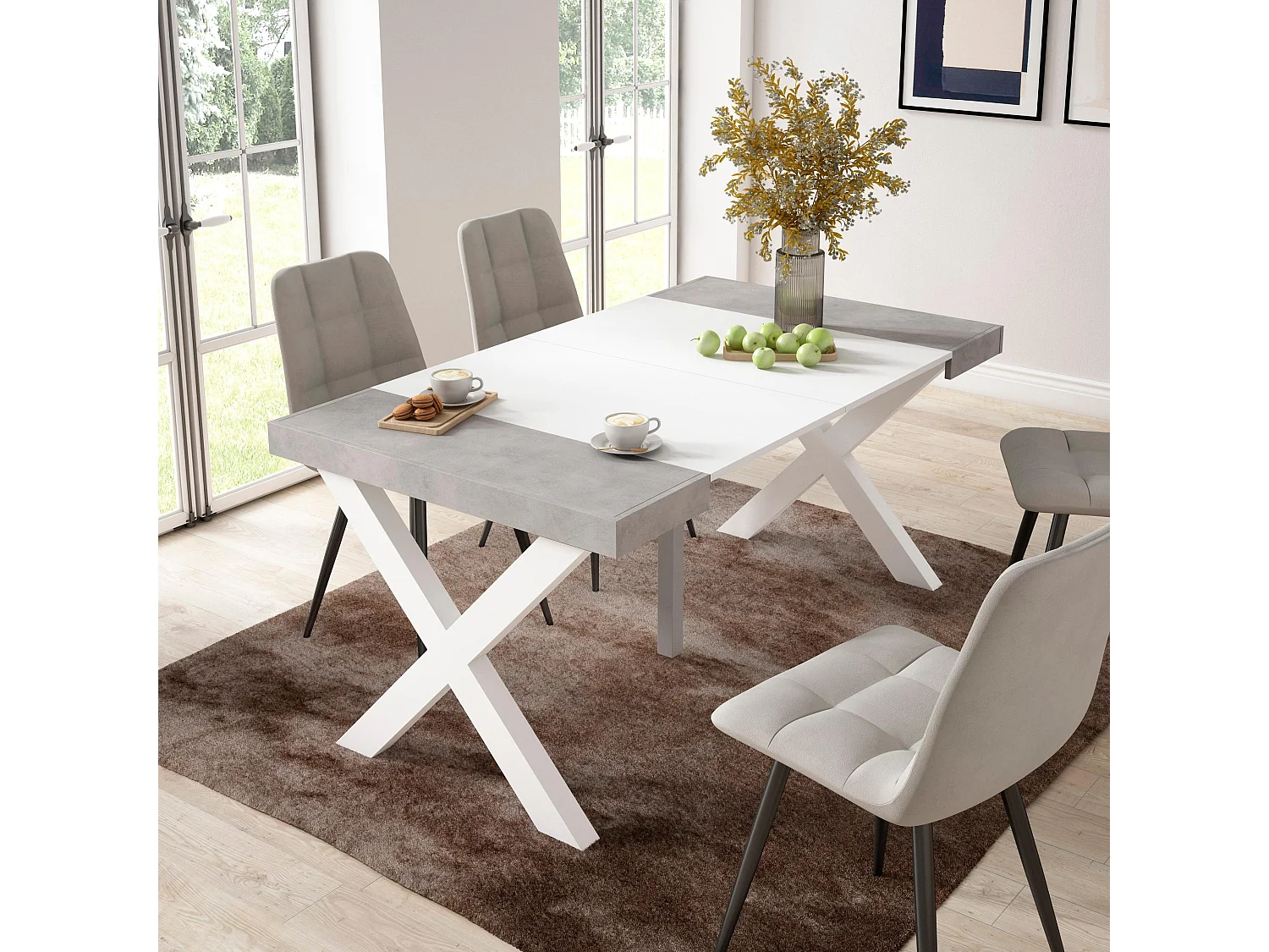 Uitschuifbare Consoletafel, 160x90x73cm, Voor 8 personen, Massief houten poten, Wit en Cement
