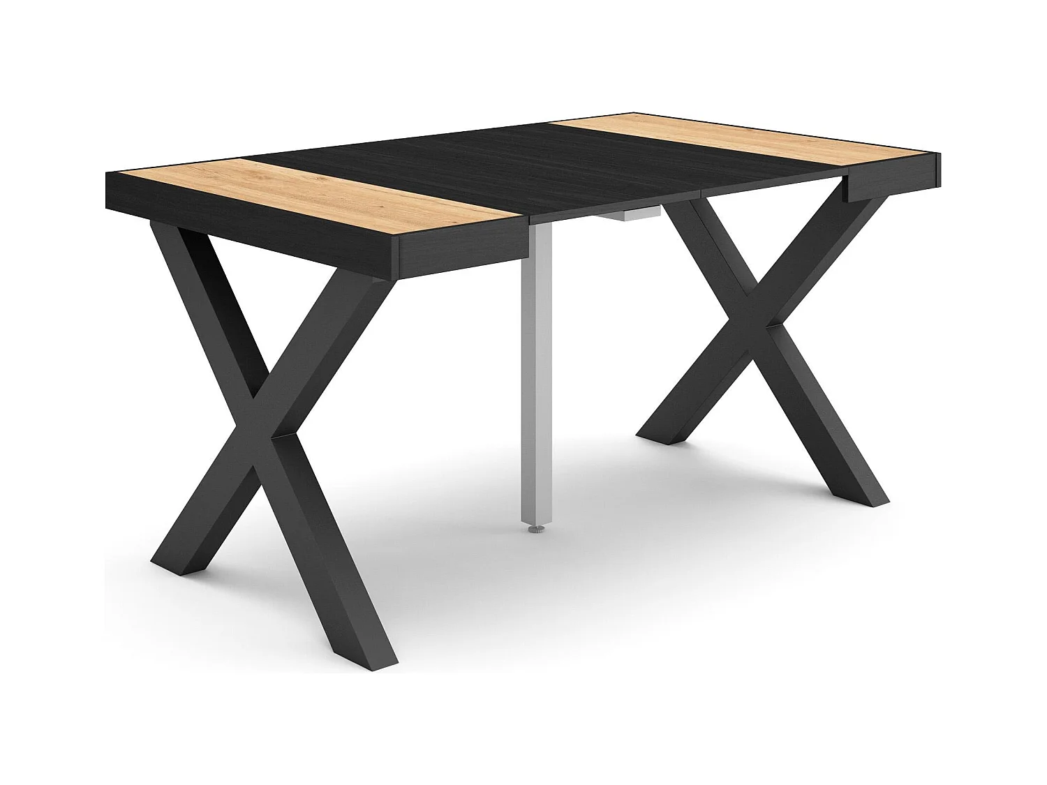 Table console extensible, 140x90x73cm, Pour 6 personnes, Pieds bois massif, Chêne et noir