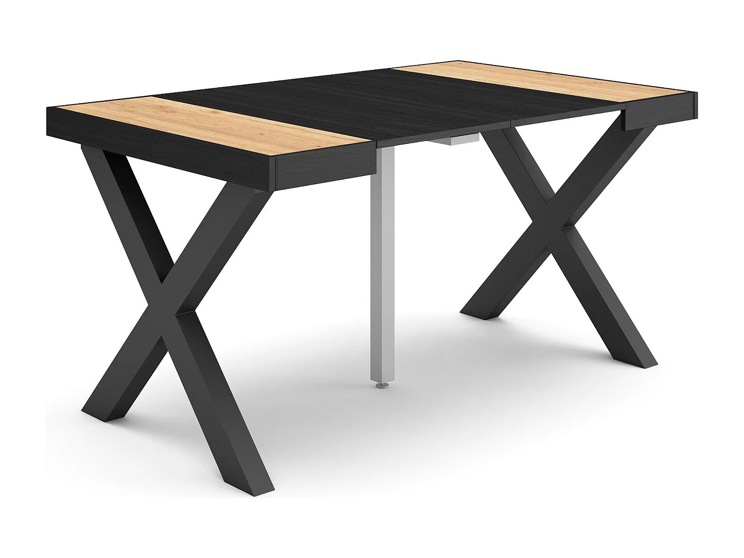 Table console extensible, 140x90x73cm, Pour 6 personnes, Pieds bois massif, Chêne et noir