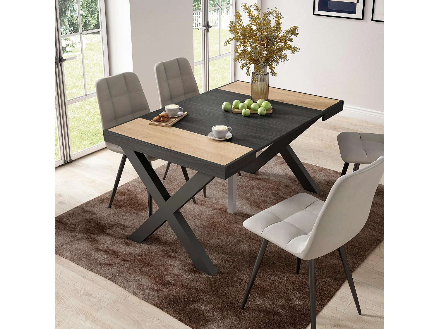 Table console extensible, 140x90x73cm, Pour 6 personnes, Pieds bois massif, Chêne et noir