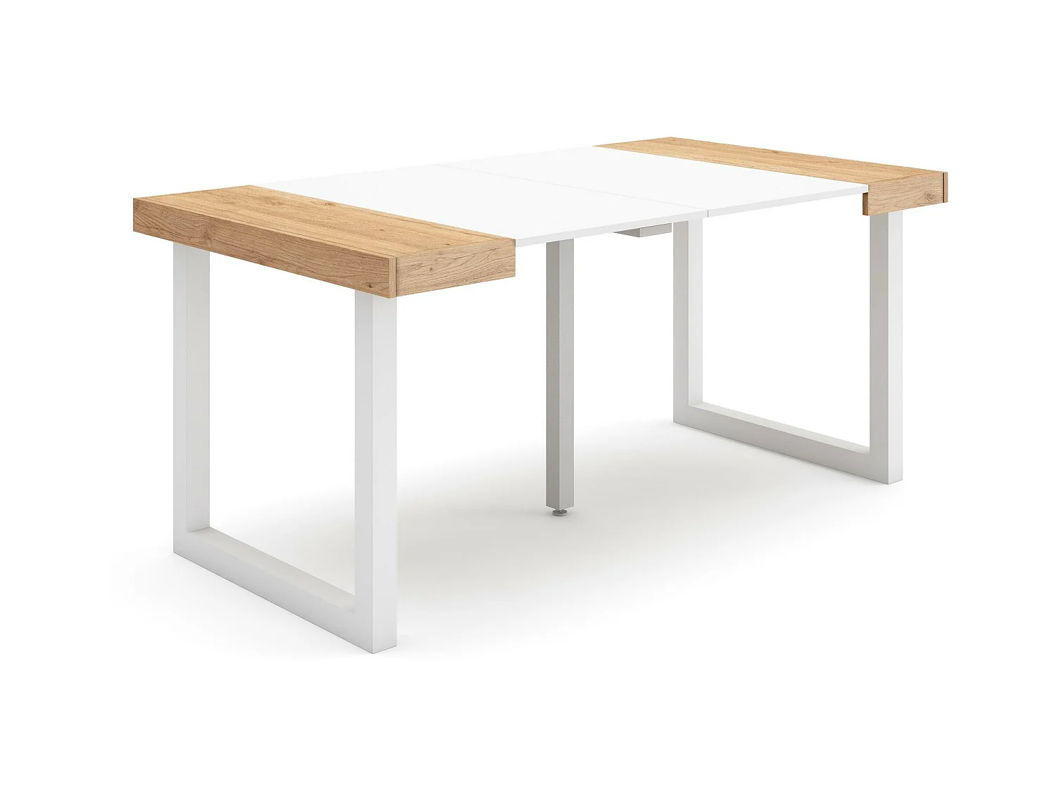 Table console extensible, 160x90x73cm, Pour 8 personnes, Pieds bois massif, Chêne et blanc