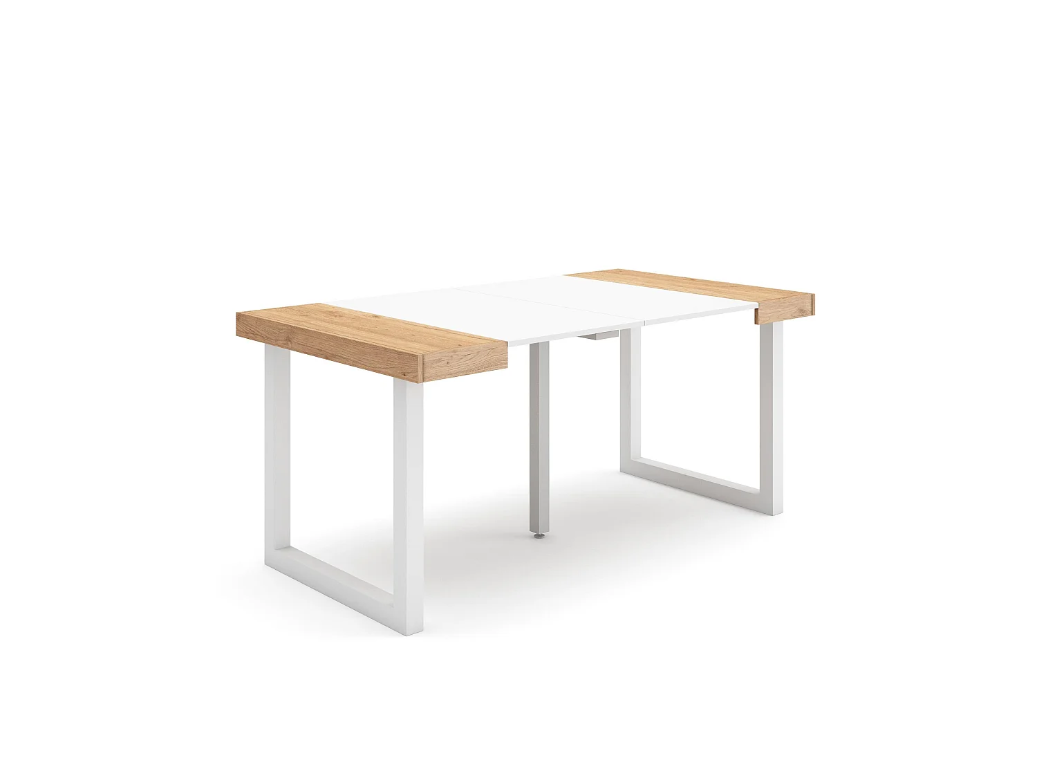 Table console extensible, 160x90x73cm, Pour 8 personnes, Pieds bois massif, Chêne et blanc