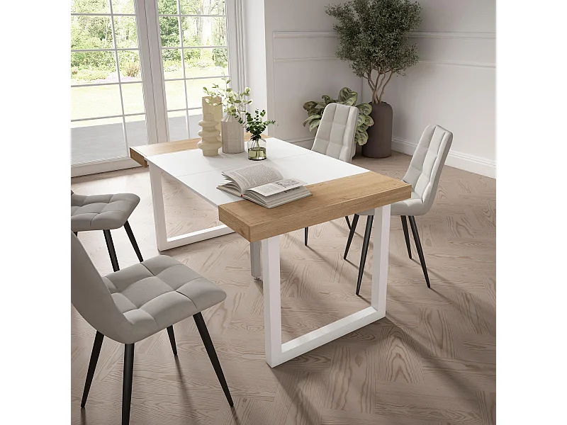 Mesa Consola extensible, 160x90x73cm, Para 8 comensales, Patas madera maciza, Roble y blanco