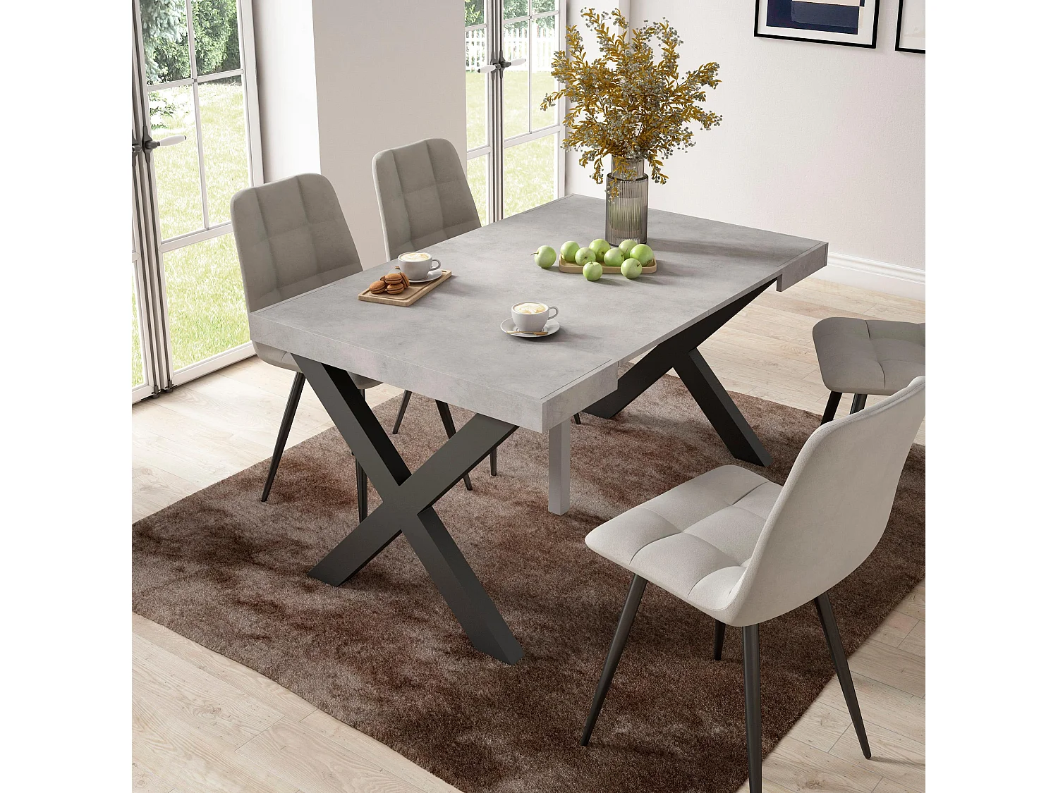 Table console extensible, 140x90x73cm, Pour 6 personnes, Pieds bois massif, Ciment