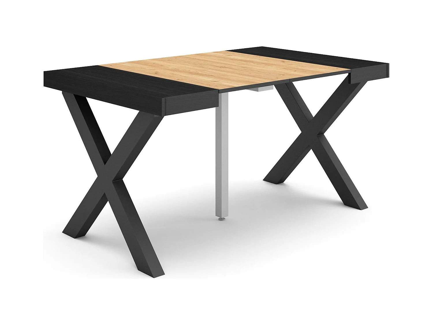 Table console extensible, 140x90x73cm, Pour 6 personnes, Pieds bois massif, Chêne et noir